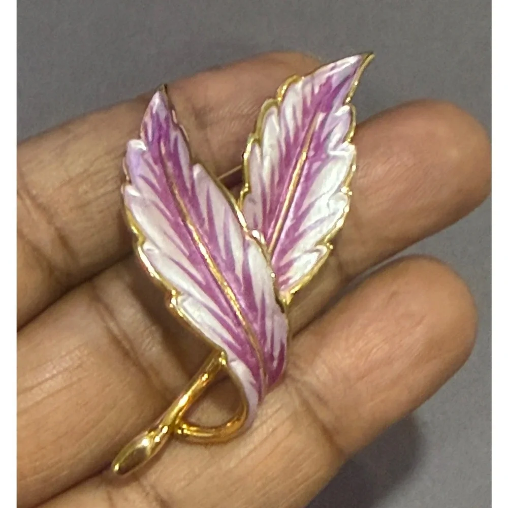 Double‎ Leaf Brooch Women Purple Gold Tone Enamel Pin